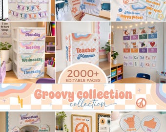 Groovy Retro Theme Classroom Mega Bundle, Editable Daily Management Posters, Complete School Decor Kit, Canva Printable PDF PS1