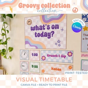 May include: A visual schedule set featuring a large rectangular sign with the text what's on today? in purple, surrounded by pastel wavy lines, a smiley face, and flowers. Below are smaller rectangular cards with clocks, times, and activity labels.