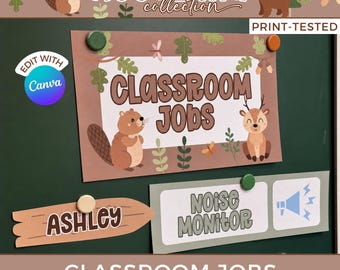 Editable Woodland Classroom Jobs Chart, Forest Animals Helpers Bulletin Board Kit, Printable Primary School Job Display Board Pack WO1