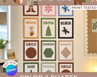 Colors and Shapes Classroom Posters, Woodland Pastel Educational Prints, Bright Classroom Display Shapes Chart, Printable PDF WO1
