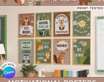Growth Mindset Wall Art Pack, Woodland Theme Classroom Decor Posters, Inspirational Quote School Printables for Homeschool Teacher WO1