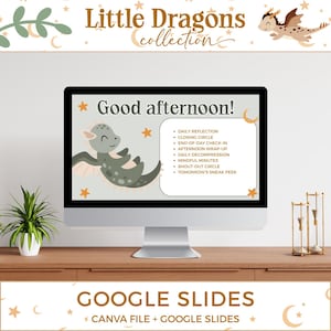 May include: A computer monitor displaying a digital slide titled Good afternoon! featuring a green dragon illustration, orange stars, and a list of activities including daily reflection, closing circle, and daily decompression on a white background.