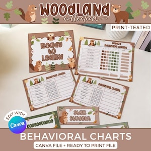 May include: A collection of printable behavior charts featuring woodland animal illustrations, including bears, owls, and deer. The charts contain text such as Ready to Learn, Star Student, and Behavior Chart, with grids for tracking daily tasks and progress.