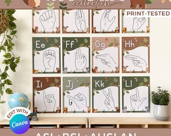 Auslan Alphabet Posters for Calm Classroom, Sign Language ABC Hand Signals Chart, Neutral Woodlands Nursery Wall Art Printables WO1