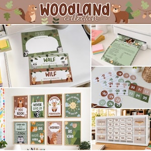 May include: A Woodland Collection classroom decor set featuring printable signs, posters, and labels with forest animal illustrations. Items include WALT and WILF learning goal sheets, number cards, motivational posters, and labeled storage bin inserts.