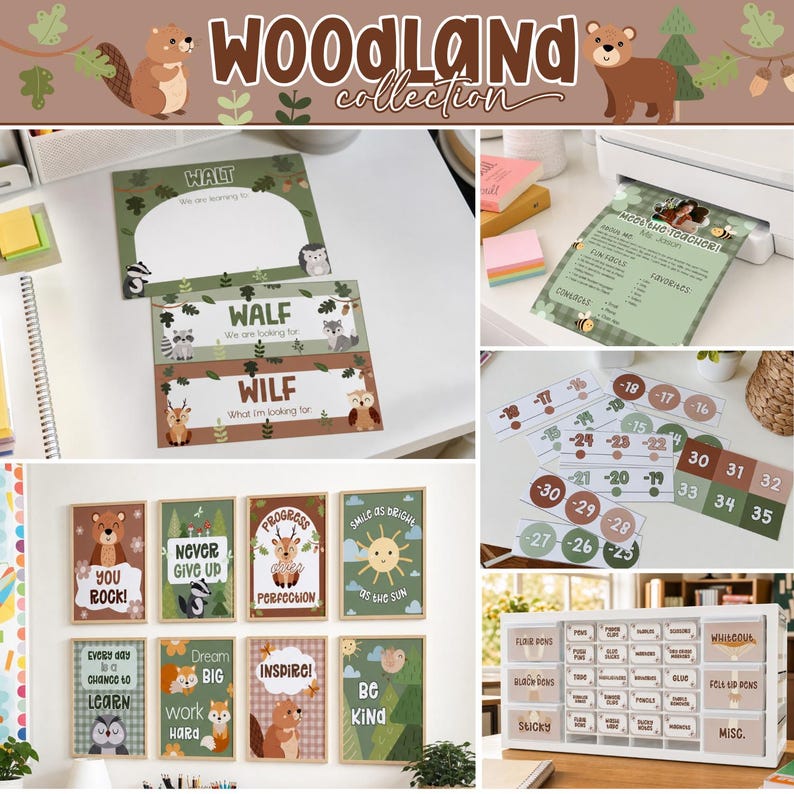 May include: A Woodland Collection classroom decor set featuring printable signs, posters, and labels with forest animal illustrations. Items include WALT and WILF learning goal sheets, number cards, motivational posters, and labeled storage bin inserts.