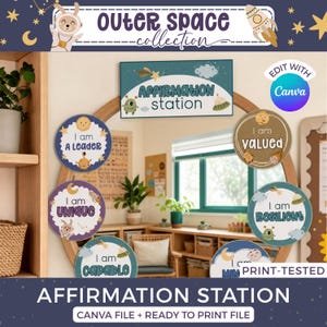 Estação de Afirmações para Sala de Aula com Tema Galáxia, Espelho com Tema Espacial, Cartões de Afirmações Positivas para Crianças, Impressões para Professores com Tema Espacial SE1