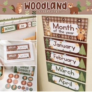 May include: A Woodland Collection classroom decor set featuring a calendar display with months from January to April, a flip calendar with days and dates, name tags with the text Hello! My name is, and circular hand signal signs with icons.