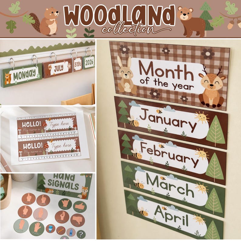 May include: A Woodland Collection classroom decor set featuring a calendar display with months from January to April, a flip calendar with days and dates, name tags with the text Hello! My name is, and circular hand signal signs with icons.