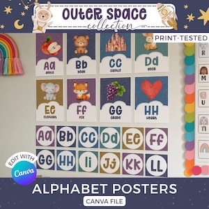 May include: A set of educational alphabet posters featuring the Outer Space collection with illustrations for letters A through L. The posters display uppercase and lowercase letters alongside corresponding images like an apple, bear, castle, and deer.