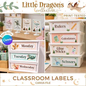 Könnte beinhalten: Ein Set von Klassenzimmer-Etiketten mit Drachenillustrationen und Texten wie Science Zone, Art Studio, Table 1, Table 2, Monday, Tuesday, Wednesday, Rulers, Calculators, Glue Sticks und Scissors für Aufbewahrungsboxen und Schilder.
