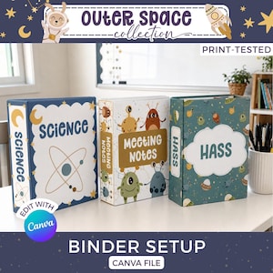 Capas e lombadas para fichários com tema espacial para sala de aula, capa para fichário de professor com tema espacial, capas de pasta editáveis, decoração escolar com tema galáctico para Canva SE1