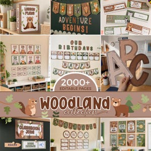 Paquete de decoración para el aula con animales del bosque, lindos pósteres con temática de animales del bosque en tonos neutros, paquete de materiales imprimibles para maestros de preescolar y jardín de infantes WO1