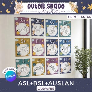 Pôsteres para sala de aula com sinais manuais do alfabeto ASL, decoração espacial, painel de sinais, pacote de decoração com letras cursivas, Canva PDF SE1