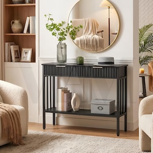 Console Table Black Narrow With Drawers And Storage Shelf