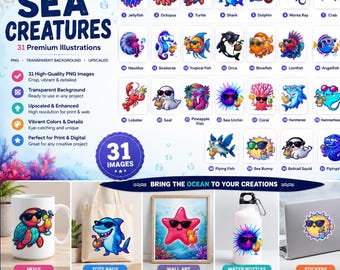 31  Sea Creatures Clipart Bundle, Bioluminescent Ocean Animal PNG Bundle, Cute Kawaii Summer Sea Life Graphics, Vintage Octopus Illustration