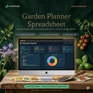 May include: A computer monitor displays a Garden Planner Spreadsheet dashboard with dark-themed charts and data. The screen shows text including My Backyard Garden, Harvest Value, Total Spend, and Net Saver. Seed packets, a trowel, and plants surround it.