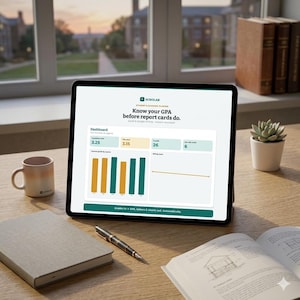 Può includere: Un tablet che mostra una dashboard digitale di pianificazione accademica con il testo Scholar, Know your GPA before report cards do, Dashboard, Cumulative GPA 3.25, This term 3.15, Credits 26, Due this week 6, Current grade by course e GPA by term.