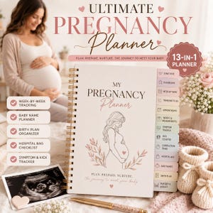 Può includere: Un'agenda per la gravidanza 13-in-1 con rilegatura a spirale, copertina color crema, un disegno al tratto di una persona incinta, dettagli floreali e il testo 'My Pregnancy Planner'. Include schede colorate per il monitoraggio.