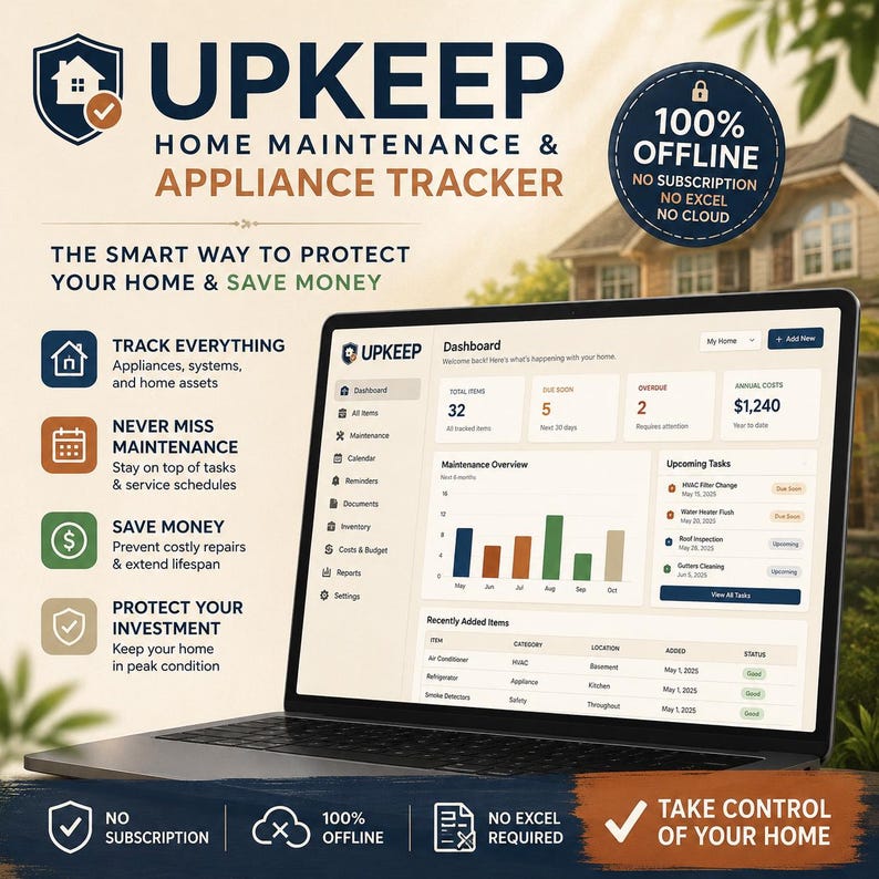 K&ouml;nnte beinhalten: Ein Laptop mit dem Dashboard des Upkeep Home Maintenance & Appliance Tracker. Der Bildschirm zeigt eine &Uuml;bersicht der verfolgten Elemente, Wartungsaufgaben und Kosten. Der Text umfasst 100% Offline, No Subscription und No Excel Required.