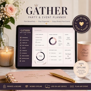 Könnte beinhalten: Ein digitales Tablet mit der Benutzeroberfläche des Gather Party & Event Planner Dashboards, das Bereiche für Veranstaltungsübersicht, Budget, Gästeliste und Aufgabenfortschritt zeigt. Auf dem Bildschirm ist der Text Plan Beautifully, Stay Organized zu sehen.