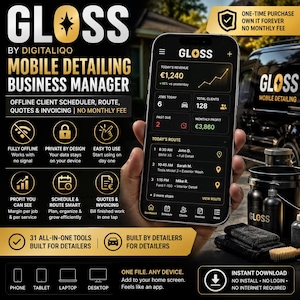 Può includere: Uno smartphone che mostra l'interfaccia dell'app GLOSS per la gestione di attività di detailing mobile, con design nero e oro. Lo schermo visualizza ricavi, clienti e percorsi giornalieri. Il testo include '31 strumenti all-in-one' e 'nessun canone mensile'.