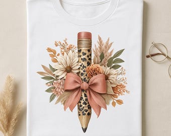 Boho Teacher PNG, Floral Teacher Sublimation Design With Pencil & Bow, Custom Teacher Name Tag PNG, Back To School Digital Download Clipart