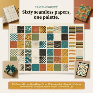 Papel digital de estilo moderno de mediados de siglo, 60 patrones geométricos retro sin costuras, papel abstracto bohemio para álbumes de recortes, 300 ppp para uso comercial.