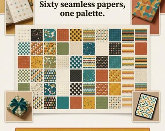 Mid Century Modern Digital Paper, 60 Seamless Retro Geometric Patterns, Boho Abstract Scrapbook Paper, 300 DPI Commercial Use