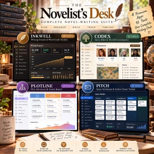 Può includere: La suite completa per la scrittura di romanzi The Novelist's Desk include quattro applicazioni software: Inkwell, Codex, Plotline e Pitch. L'interfaccia mostra il progresso di scrittura, profili dei personaggi, mappe, strutture della trama e pipeline.
