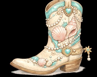 Immagine PNG di una cowgirl costiera, Immagine PNG di uno stivale da cowboy con conchiglie, Design per sublimazione di una cowgirl da spiaggia, Immagine PNG di un'estate western, Adesivo stampabile in formato PNG