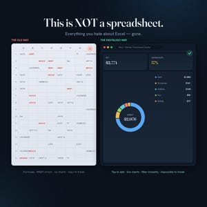 May include: A comparison graphic showing a white spreadsheet grid labelled THE OLD WAY with #REF! errors, next to a dark-themed digital dashboard labelled THE DIGITALIQO WAY featuring a donut chart, net income, and savings rate data displays.