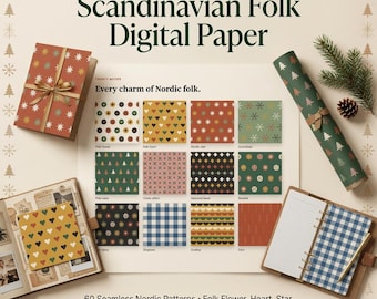 Scandinavian Folk Digital Paper, 60 Seamless Nordic Patterns, Folk Flower Heart Star Christmas Scrapbook Paper, 300 DPI Commercial
