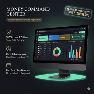 Puede incluir: Un monitor de computadora de escritorio que muestra la interfaz de la aplicación web Money Command Center con paneles financieros, gráficos y diagramas. El texto incluye: Money Command Center, No Excel. No Google Sheets. 100% Standalone, 100% Local & Offline, Zero Subscriptions y Run From Any Browser.