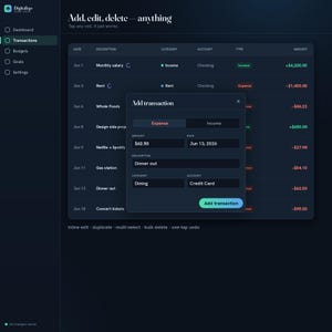 May include: A dark-themed digital financial dashboard interface displaying a transaction table with columns for date, description, category, account, type, and amount. A modal window titled Add transaction overlays the table with input fields.