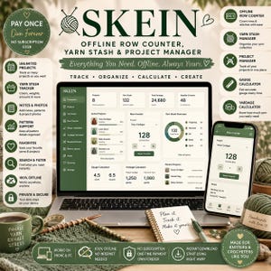 Knitting & Crochet Tracker | SKEIN Offline Row Counter, Yarn Stash and Project Manager, Gauge and Yardage Calculation, No Subscription