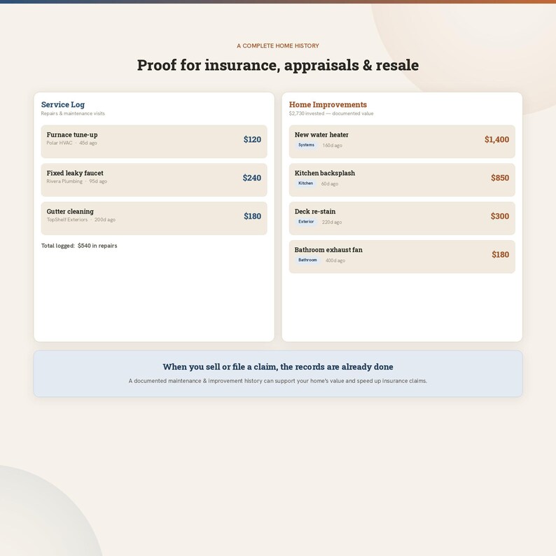 K&ouml;nnte beinhalten: Eine digitale Benutzeroberfl&auml;che mit dem Titel A COMPLETE HOME HISTORY Proof for insurance, appraisals & resale. Sie zeigt zwei Spalten: Service Log mit Reparatureintr&auml;gen und Kosten sowie Home Improvements mit Projektwerten. Eine blaue Fu&szlig;zeile besagt When you sell or file a claim, the records are already done.