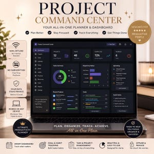 May include: A digital project command centre dashboard displayed on a laptop screen. The interface features dark mode with colourful charts, task lists, and project status bars. Text includes Project Command Centre, Plan Better, Stay Focused, Track Everything, Get Things Done, and various productivity labels.