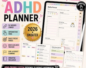 ADHD Digital Planner 2026 2027 Undated, Hyperlinked GoodNotes iPad, Daily Focus Brain Dump Habit Tracker, Neurodivergent Productivity