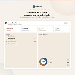 K&ouml;nnte beinhalten: Eine digitale Benutzeroberfl&auml;che f&uuml;r die Upkeep-App zur Wartung von Haus und Ger&auml;ten. Das Dashboard zeigt Daten f&uuml;r Maple Street House, einschlie&szlig;lich Wartungsaufgaben, aktiver Garantien, j&auml;hrlicher Ausgaben und eines Tortendiagramms.