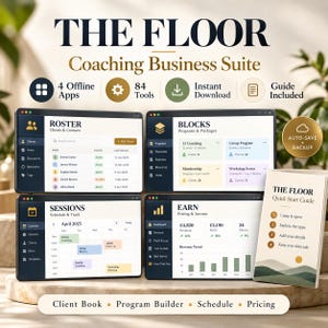 Puede incluir: El conjunto de productos digitales The Floor Coaching Business Suite incluye cuatro interfaces de software que muestran los paneles Roster, Blocks, Sessions y Earn, junto con un folleto Quick Start Guide con cuatro pasos numerados para la configuración.