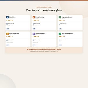 K&ouml;nnte beinhalten: Eine digitale Benutzeroberfl&auml;che mit einer Liste von Dienstleistern unter dem Titel Your trusted trades in one place. Sie enth&auml;lt sechs wei&szlig;e Karten mit Firmennamen, Kategorien, F&uuml;nf-Sterne-Bewertungen, Telefonnummern und Anruf-Schaltfl&auml;chen f&uuml;r Handwerker.