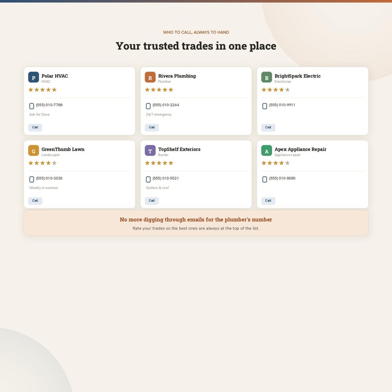 K&ouml;nnte beinhalten: Eine digitale Benutzeroberfl&auml;che mit einer Liste von Dienstleistern unter dem Titel Your trusted trades in one place. Sie enth&auml;lt sechs wei&szlig;e Karten mit Firmennamen, Kategorien, F&uuml;nf-Sterne-Bewertungen, Telefonnummern und Anruf-Schaltfl&auml;chen f&uuml;r Handwerker.