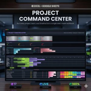 Op de afbeelding: Een computermonitor toont een projectmanagementdashboard in donkere modus. Het scherm toont datavisualisaties, tijdlijnen en projectstatussen. Tekst op het scherm is onder meer "PROJECT COMMAND CENTER" en "Run every project, team, and timeline from a single dark-mode workbook."
