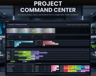 Project Management Spreadsheet Dark Mode, Excel Project Planner Template, Task Tracker, Gantt Chart, Kanban Board, Google Sheets