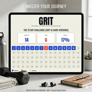 May include: A digital tablet screen displays a 75-day challenge tracker titled GRIT. The interface shows current day 14, a streak of 6, and 17% completion. A grid of numbered squares indicates progress with blue, red, and grey color coding.