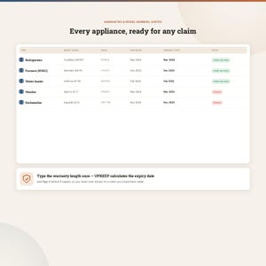 K&ouml;nnte beinhalten: Eine digitale Benutzeroberfl&auml;che mit einer Tabelle namens Warranties & Model Numbers, Sorted: Every appliance, ready for any claim. Die Tabelle listet Ger&auml;te wie K&uuml;hlschrank, Heizung, Warmwasserbereiter, Waschmaschine und Geschirrsp&uuml;ler mit Spalten f&uuml;r Marke, Seriennummer, Kaufdatum, Garantieende und Status auf.