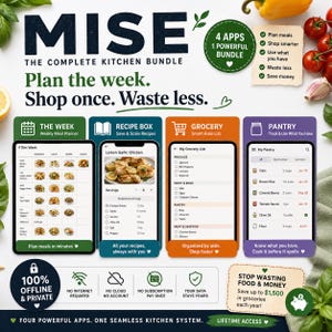 May include: A digital kitchen management bundle titled MISE featuring four apps: The Week, Recipe Box, Grocery, and Pantry. The interface displays meal planning, recipe scaling, grocery lists, and pantry tracking with a 100% offline and private promise.