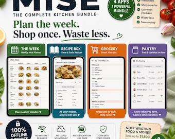 Meal Planner App Bundle | Offline Weekly Planner, Recipe Box, Auto Grocery List & Pantry Tracker | No Subscription, Any Browser