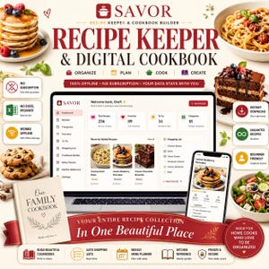 May include: A digital recipe keeper and cookbook builder software interface displayed on a laptop and smartphone screen. The dashboard shows recipe counts, categories, and a shopping list. Surrounding images feature pancakes, pasta, cake, and cookies.